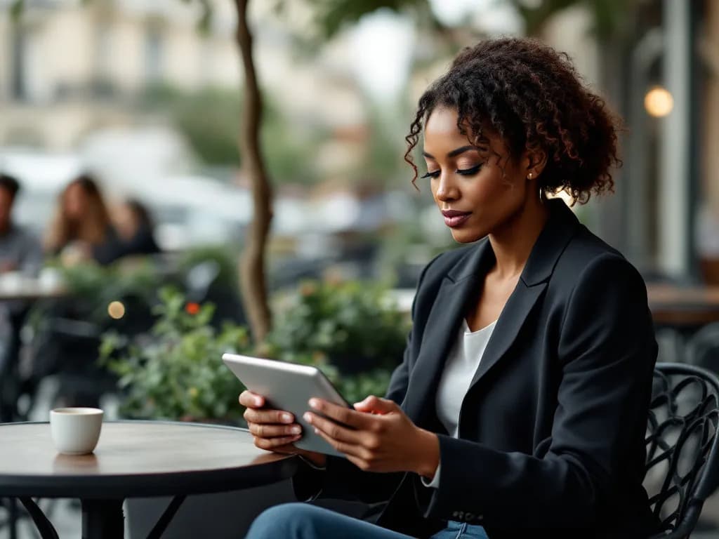 Une investisseuse en blazer étudie le dossier d'un bien sur une tablette à la terrasse d'un café