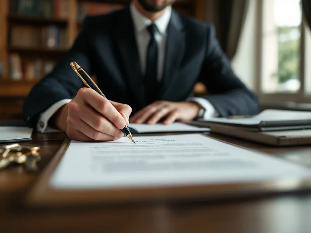 Signature d'un acte au stylo plume chez le notaire, dans un bureau aux bibliothèques boisées