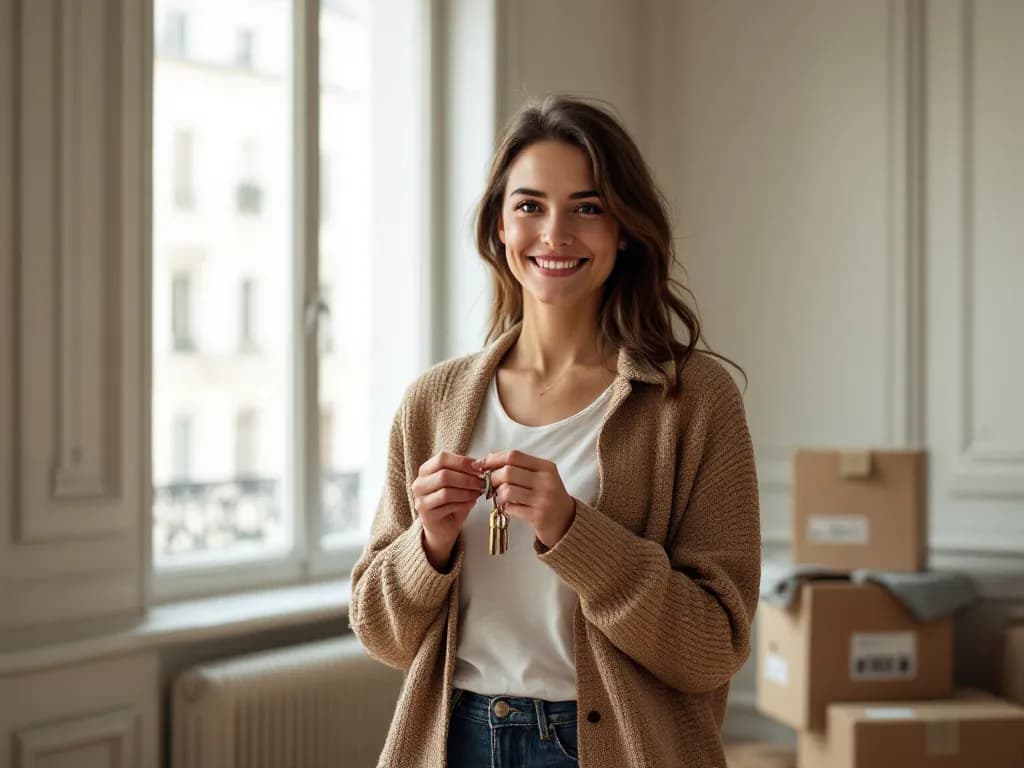 Une propriétaire souriante, clés en main, près des grandes fenêtres d'un appartement haussmannien presque vide